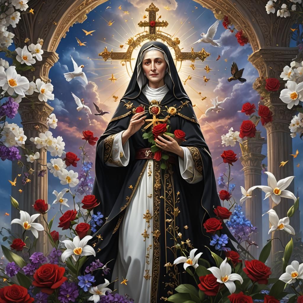 St Rita of Cascia with Roses in Radiant Sky