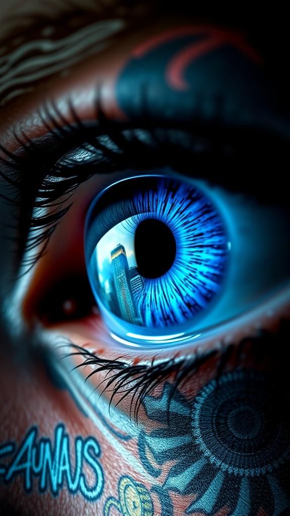 Blue Iris Reflects Neon City in Cyberpunk Style