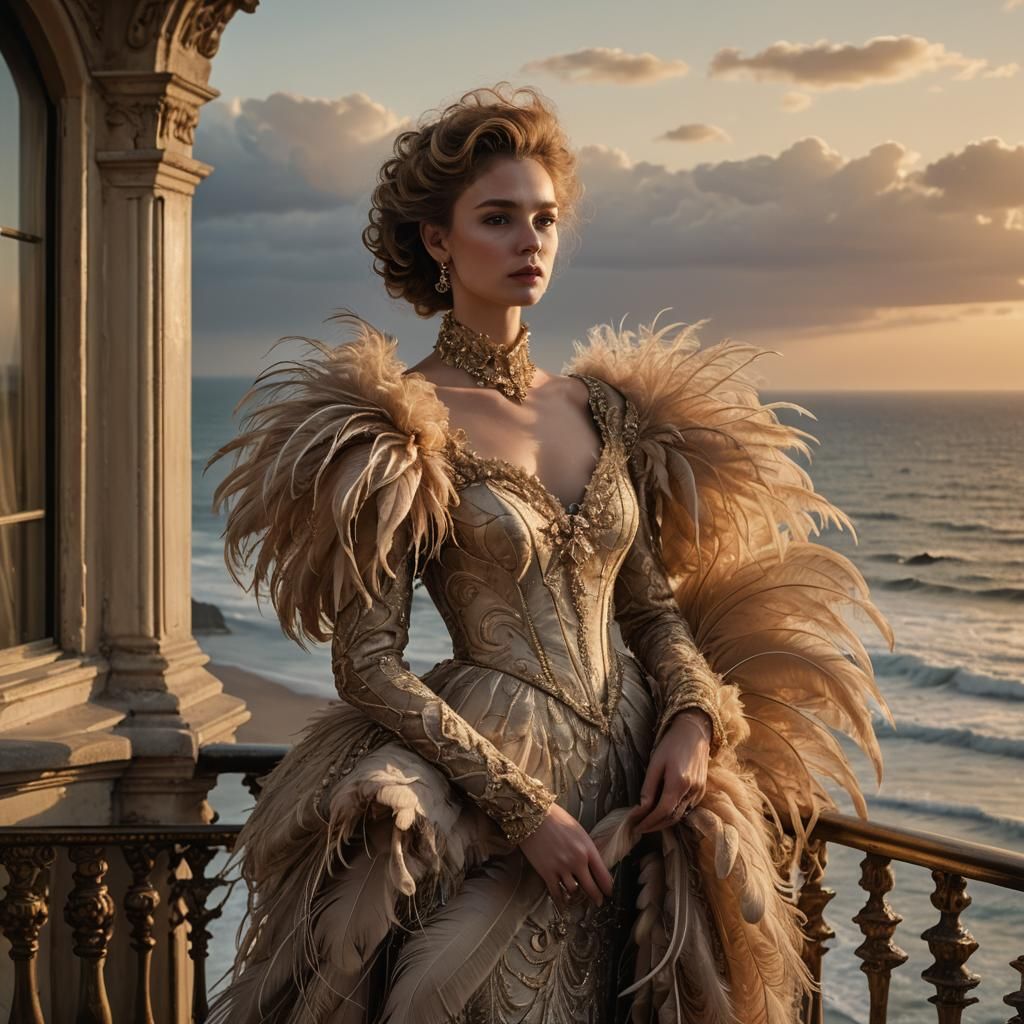 Baroque Woman in Feather Gown at Sunset