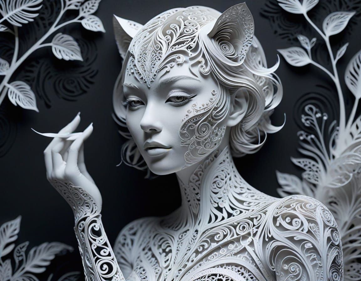 Papercraft Woman with Tiger in Quilling Style