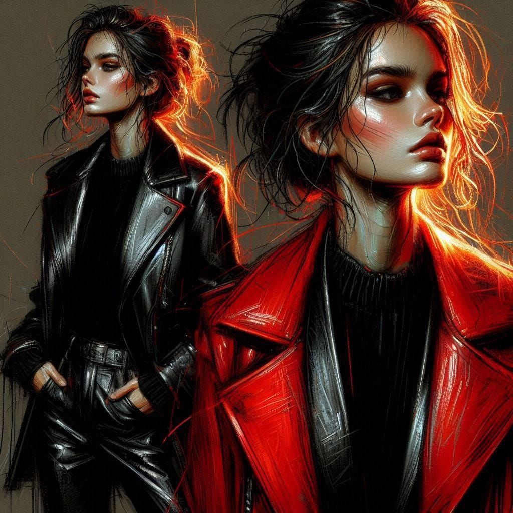 Woman in Leather and Red Coat: Oil Painting Art