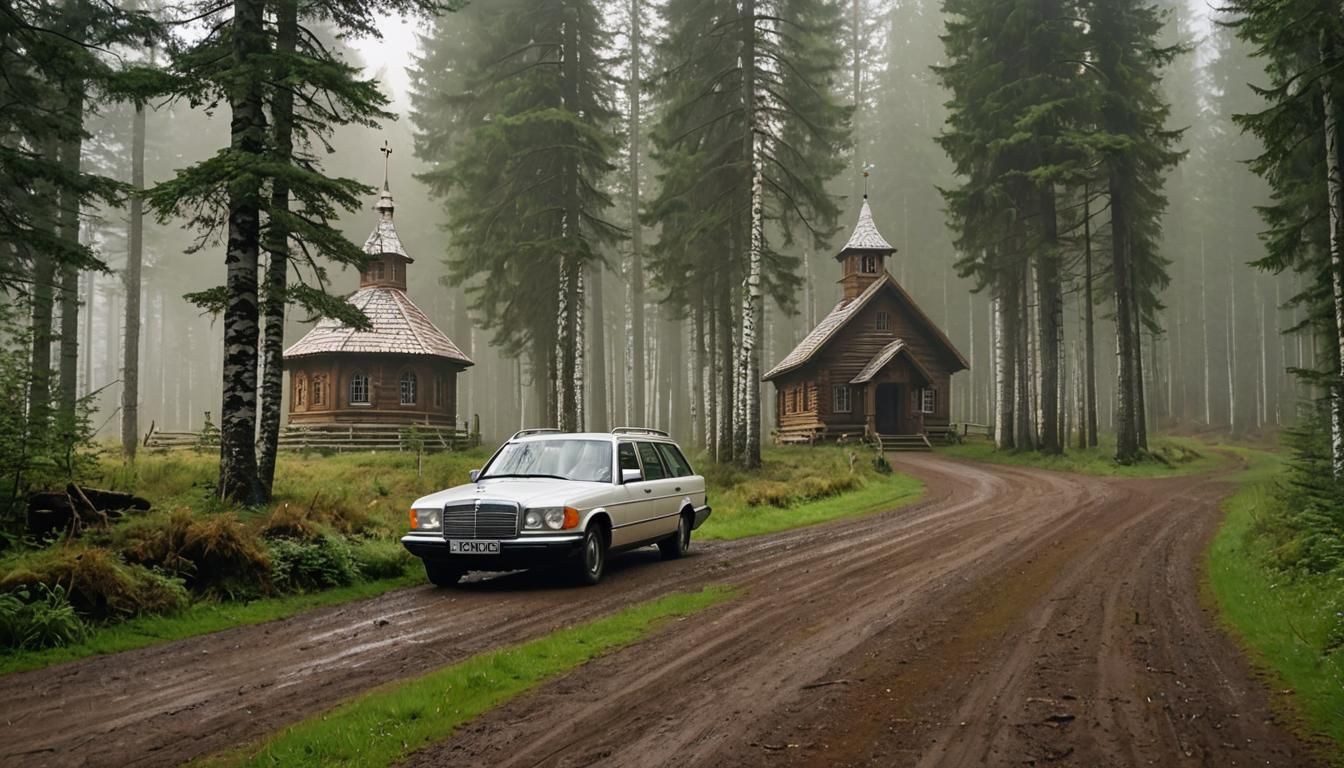 Mercedes S210 on a Forest Road