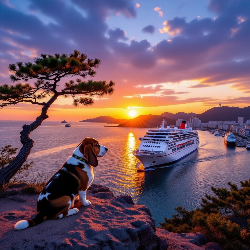 Basset Hound Overlooks Harbor at Sunrise