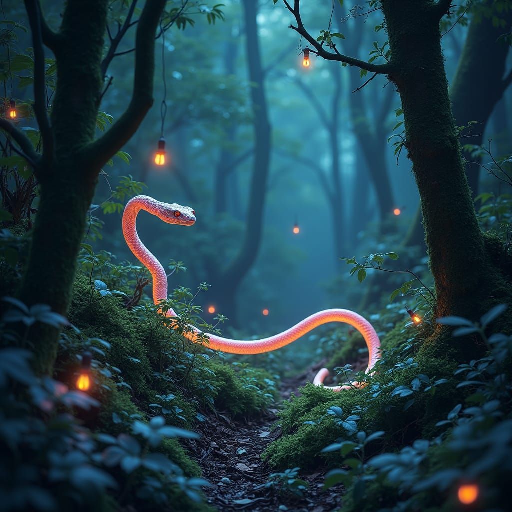 Mystical Bioluminescent Snake in an Enchanted Forest