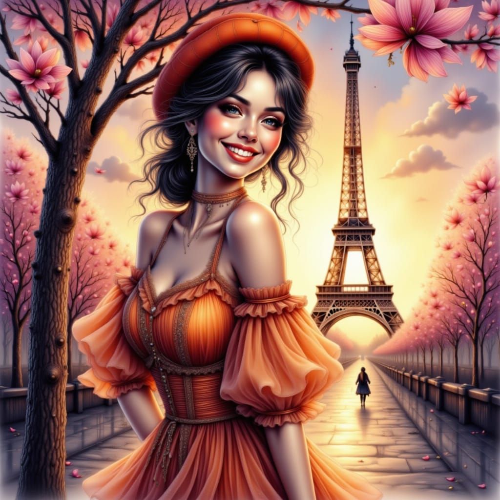 Romantic French Woman in Whimsical Pose Amidst Eiffel Tower ...