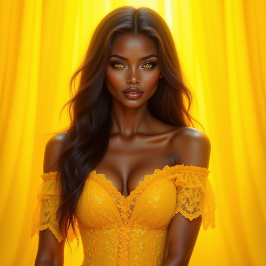 Elegant Black Woman in Flowing Yellow Lace Gown