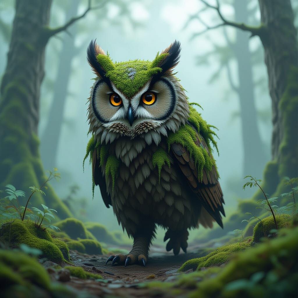 Mossy Owlbear in Misty Forest, Whimsical Art