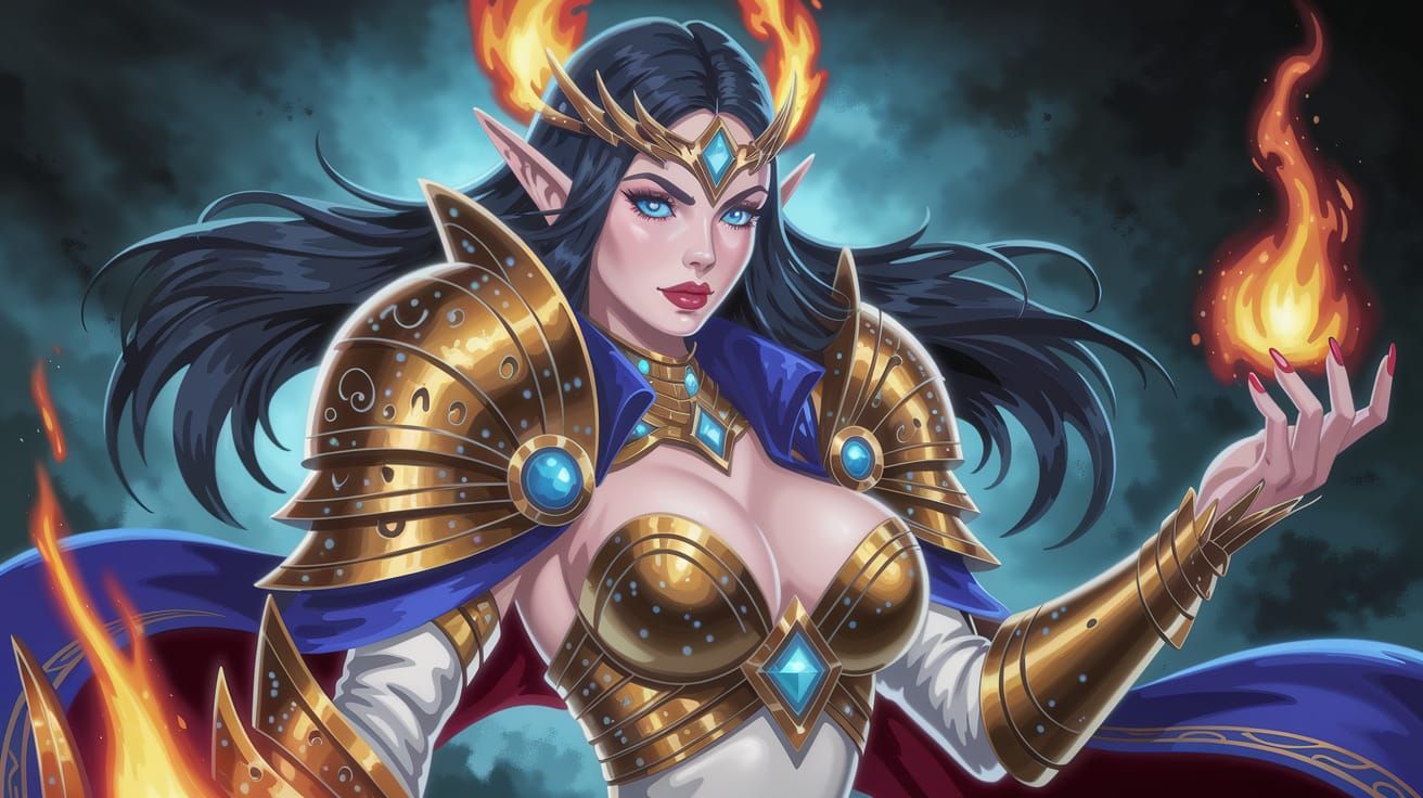 Ethereal Fantasy Warrior with Golden Armor and Flames