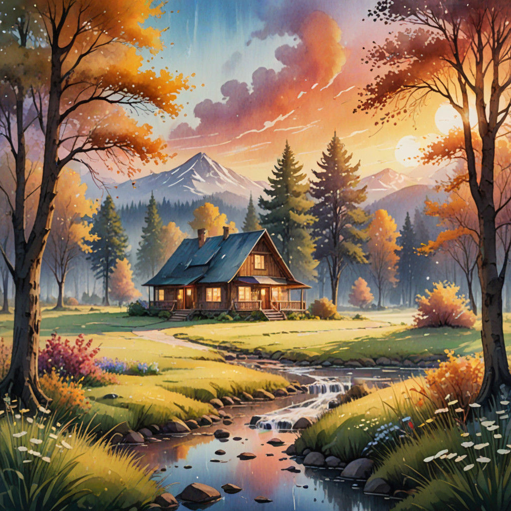 Watercolor Dreamscapes: Cozy Rustic Wonderland at Sunset