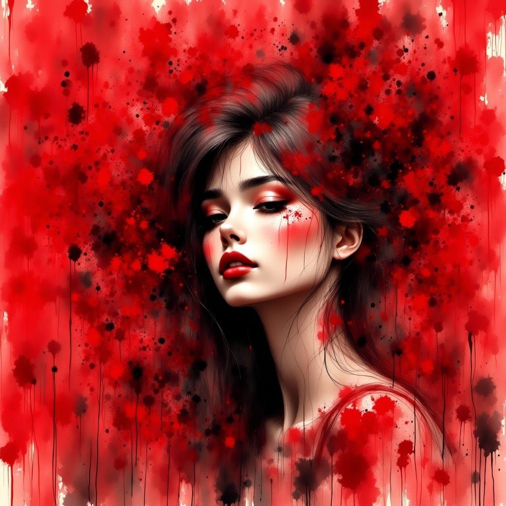 Impasto Photography of a Red Lady with Abstract Brushstrokes