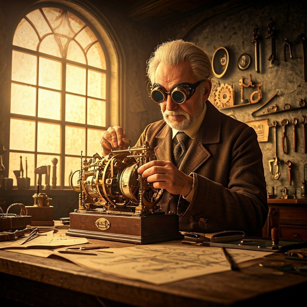 Steampunk Inventor's Clockwork Device in Workshop