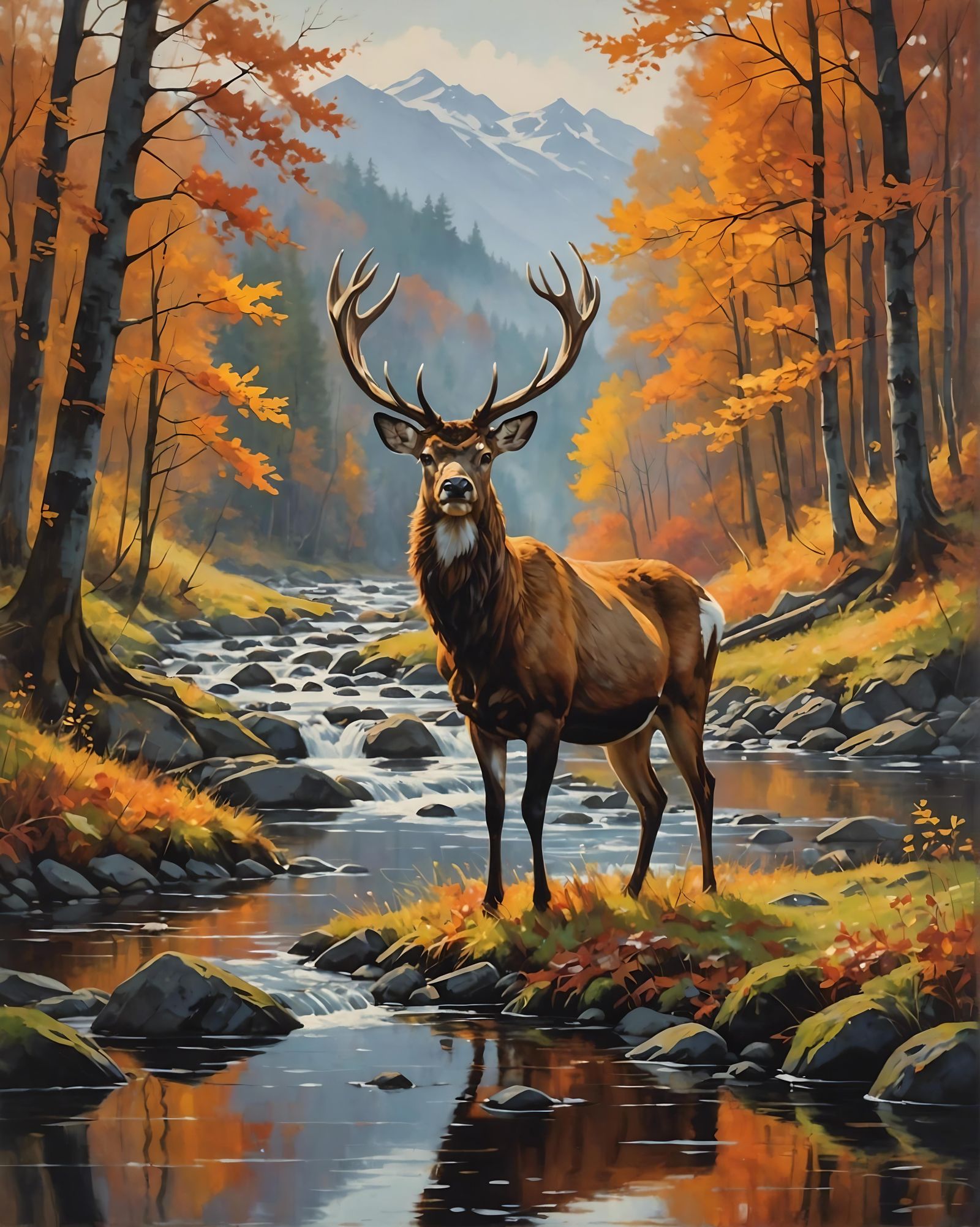 Magnificent Stag in Autumn Creek Painting
