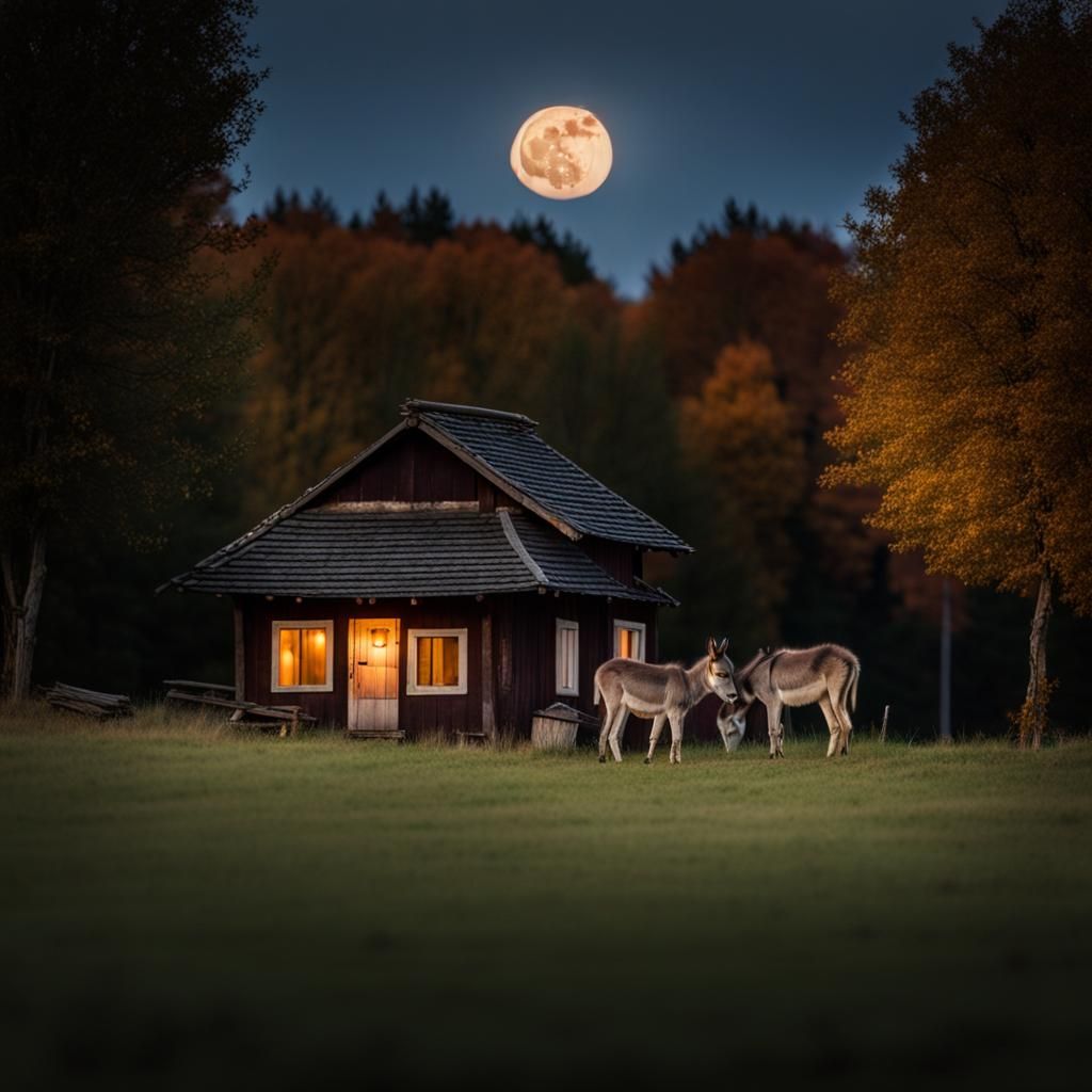 Full Moon Over Autumn Landscape with Sleeping Donkeys
