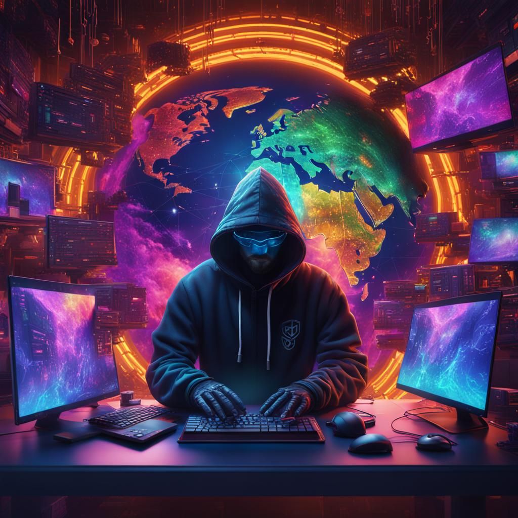 Hacker Accessing World Computer in Detailed Matte Painting