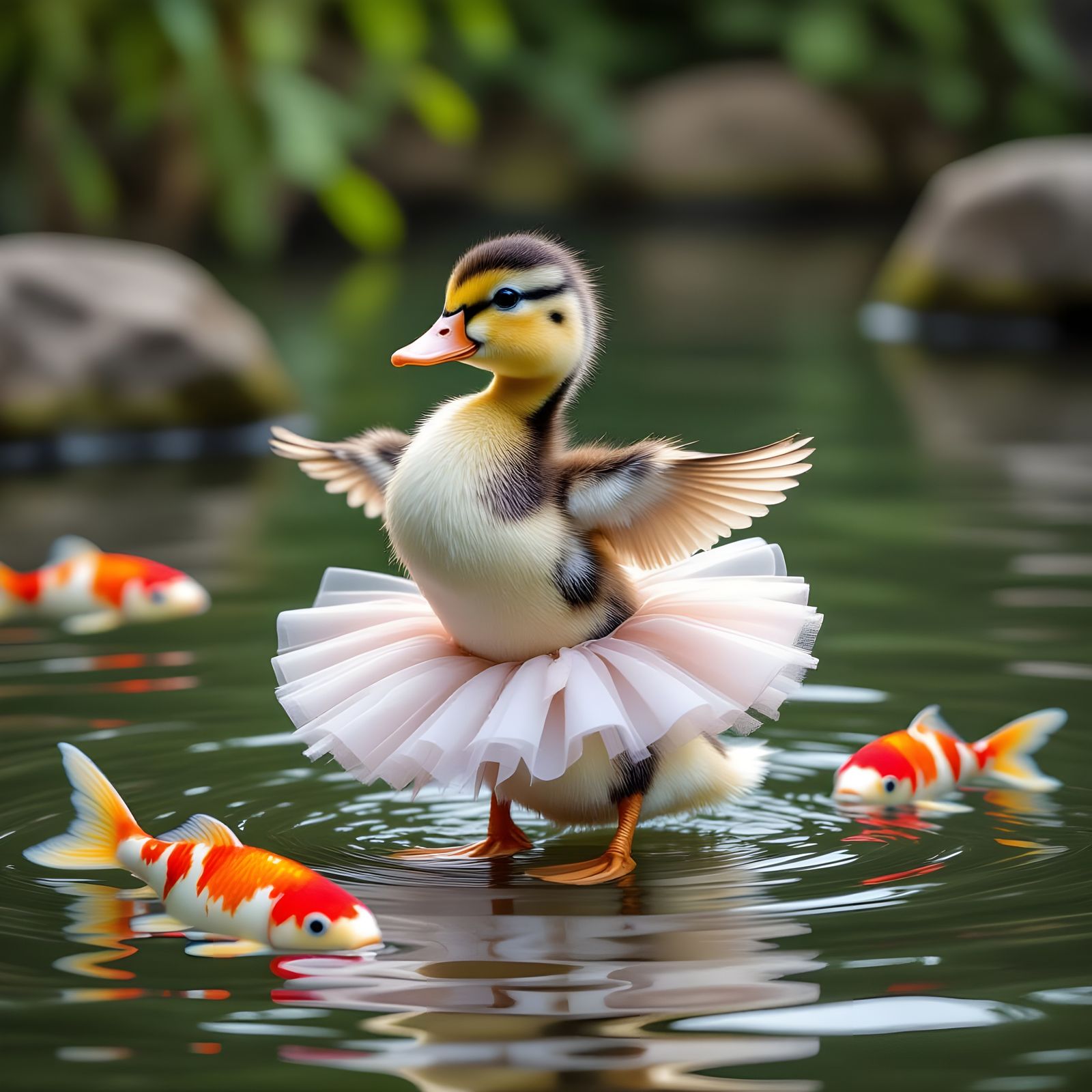 Duckling Ballet with Koi Carp in River