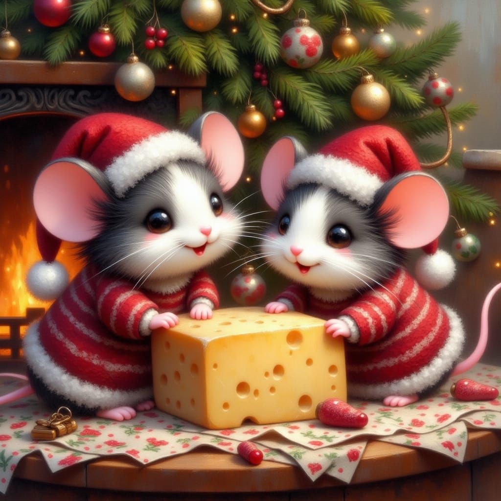 Mice in Pajamas Wrapping Cheese Under Christmas Tree