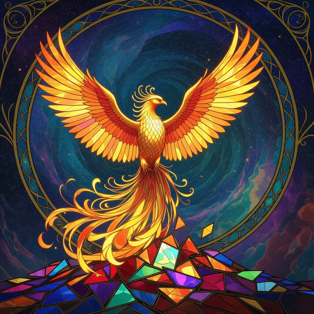 Majestic Phoenix Rises From Shattered Stained Glass