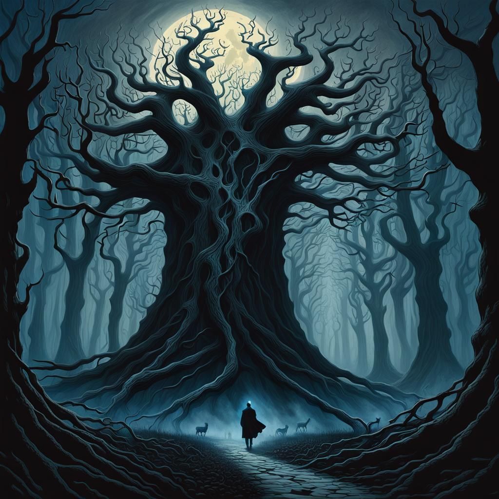 Dark Figure in Blue Forest, Gothic Illustration