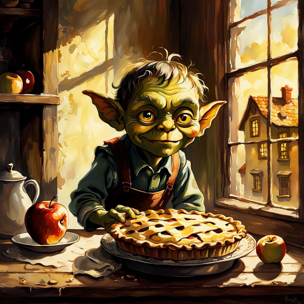 Goblin Eyes Apple Pie: Whimsical Oil Painting