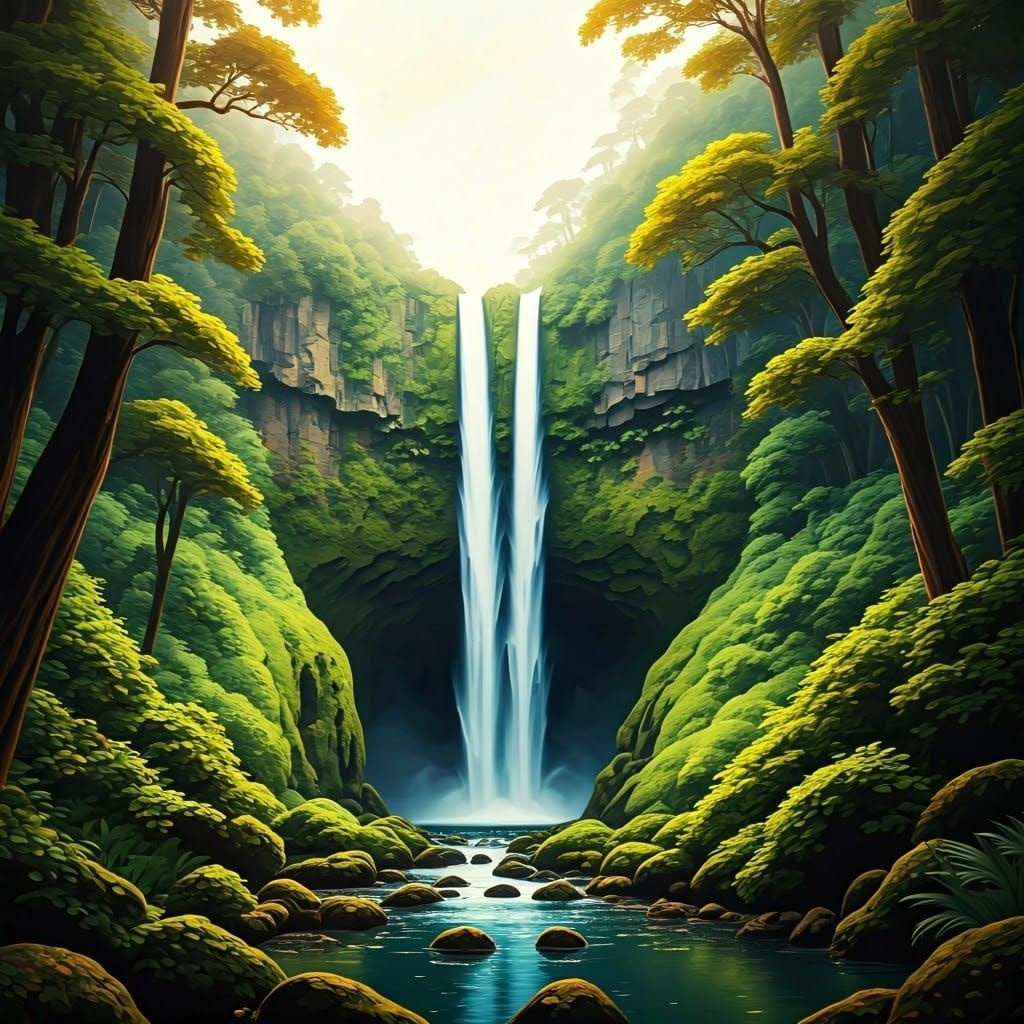 Ethereal Watercolor Tropical Waterfall