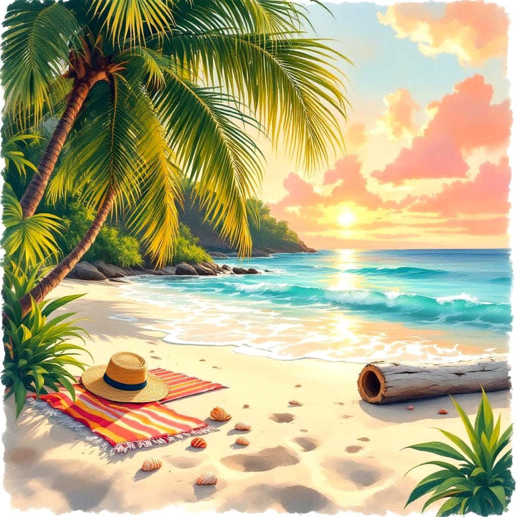 Peaceful Summer Beach Watercolor Painting at Golden Hour