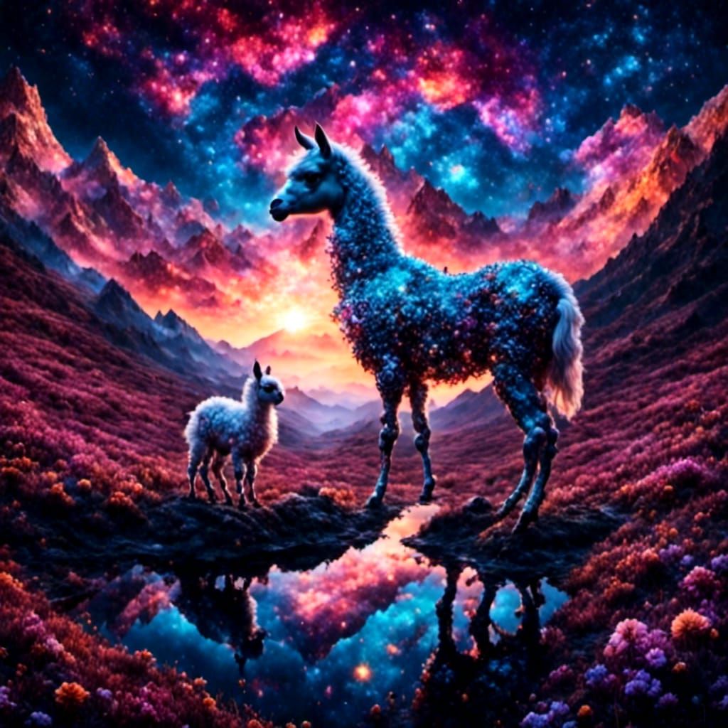 Baby Llamas Playing in Flowery Meadow, Astral Oil Painting