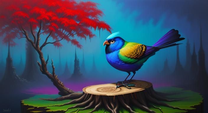 Wingless Bird on Stump: Surreal Oil Painting