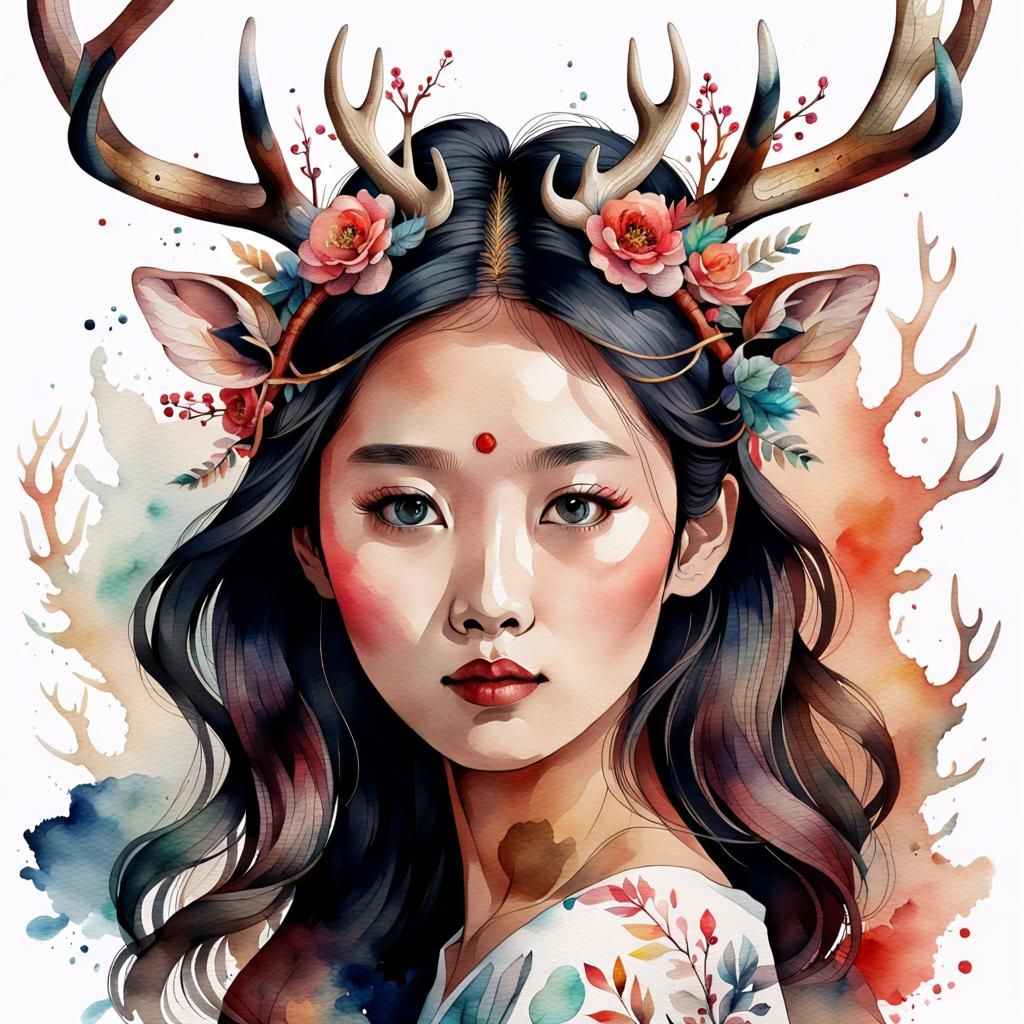 Asian Woman with Intricate Antlers in Watercolor Style