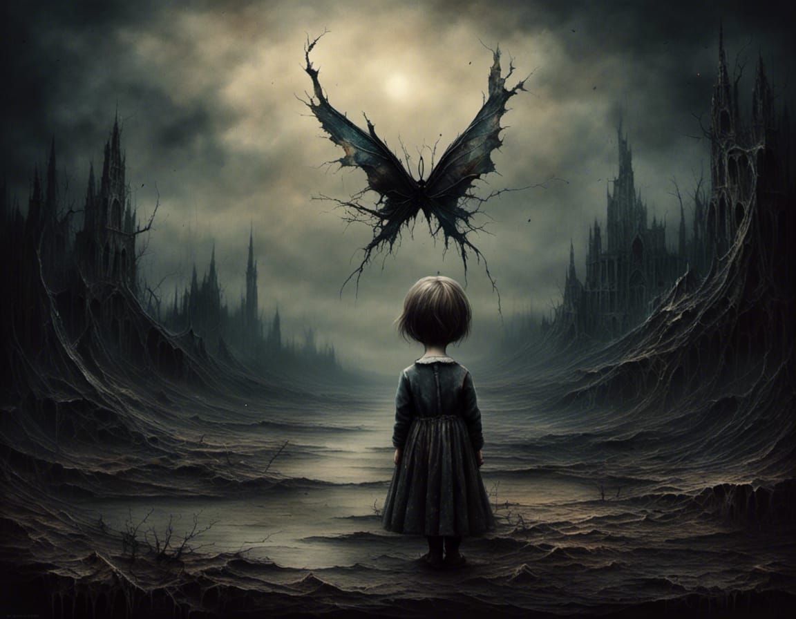 Gothic Cute Moth Creature in Dark Landscape