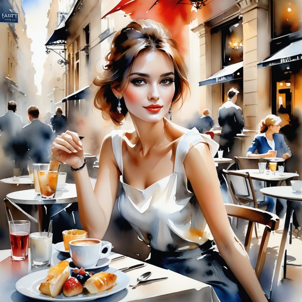 Paris Cafe Watercolor Portrait of Young Woman