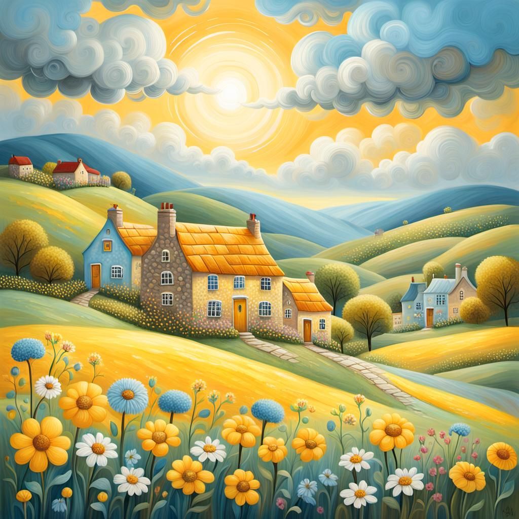 Whimsical Folk Art Village Under Stormy Skies