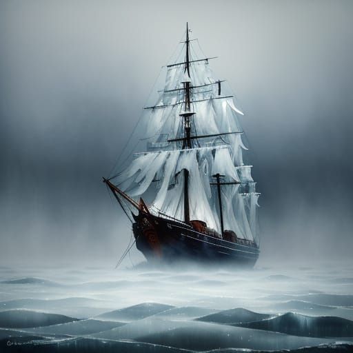 Wooden Sailing Vessel Trapped in Polar Fog Watercolor