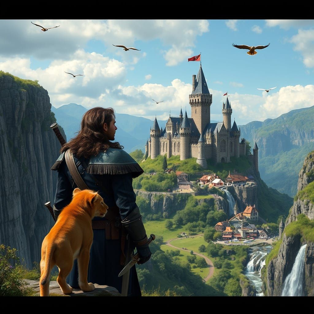 Warrior of Rivendell: Epic Fantasy Scene with Lion Cub and M...