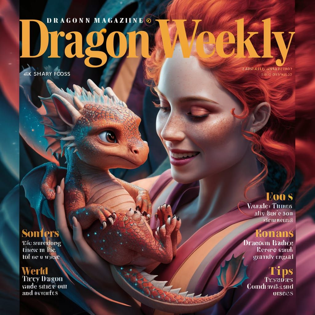 Dragon Weekly Magazine Cover: Woman and Baby Dragon
