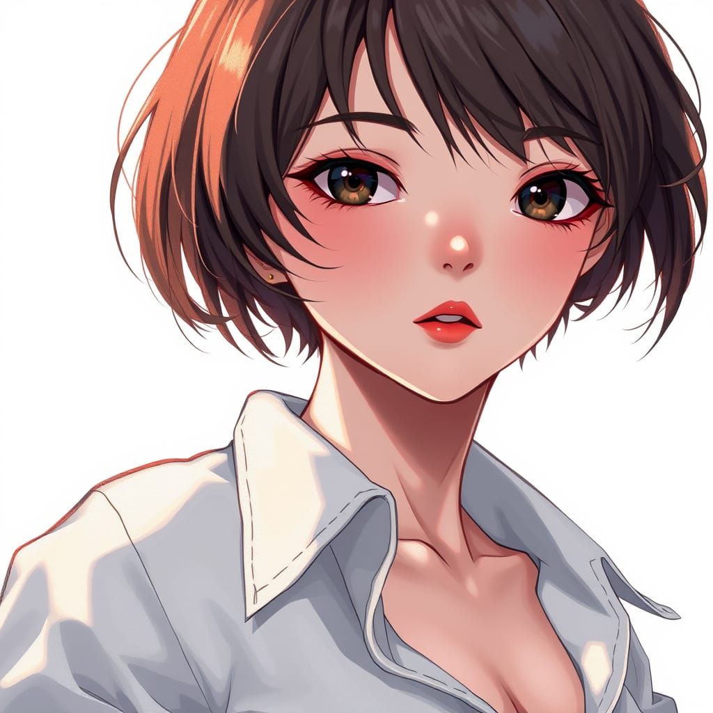 Elegant Anime Girl with Unbuttoned Blouse in Gouache Style