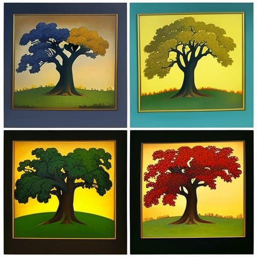 Oak Tree Through Four Seasons in Gouache Style