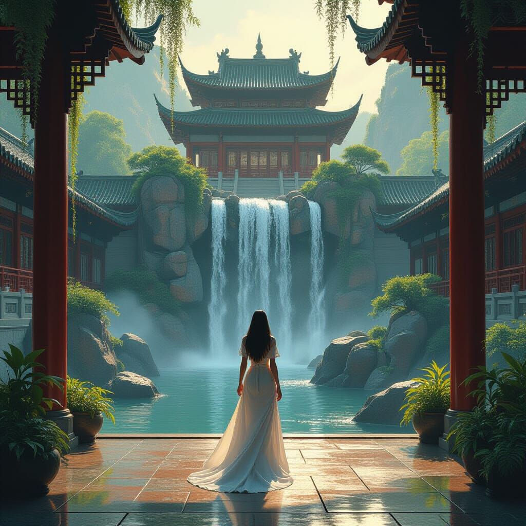 Elegant Woman in Verdant Forbidden City