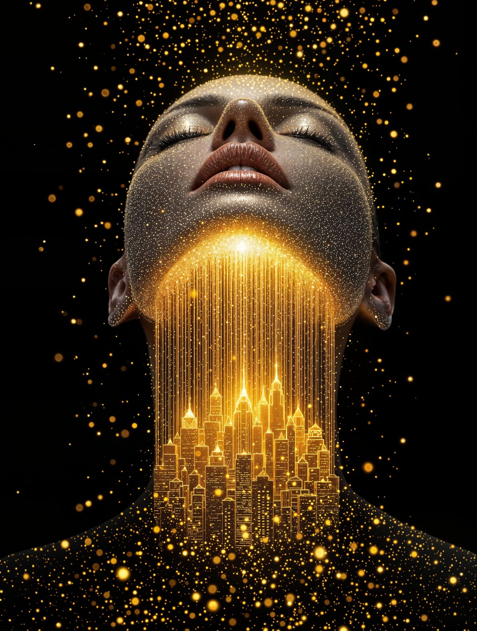 Glamorous Woman Shines with Diamond Skin, Golden Cityscape