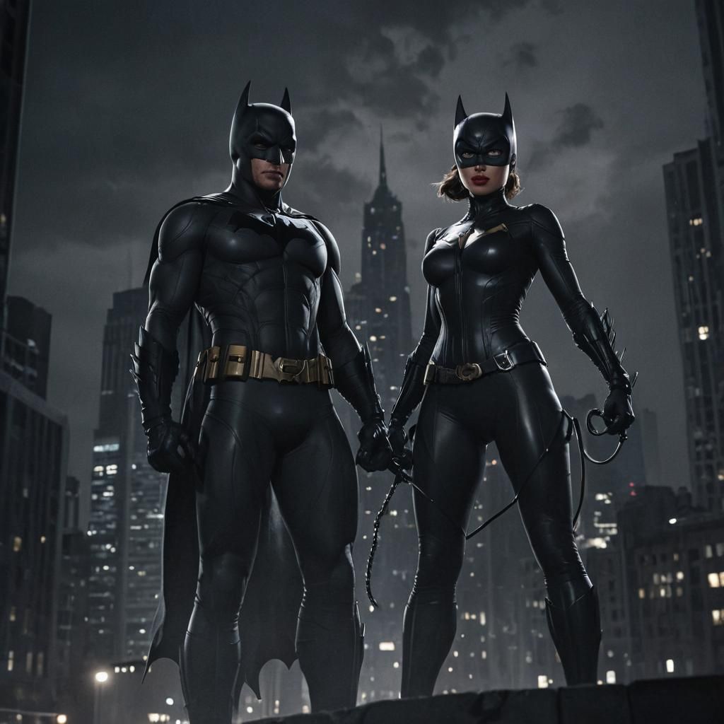 Batman and Catwoman in Moody Film Noir Style