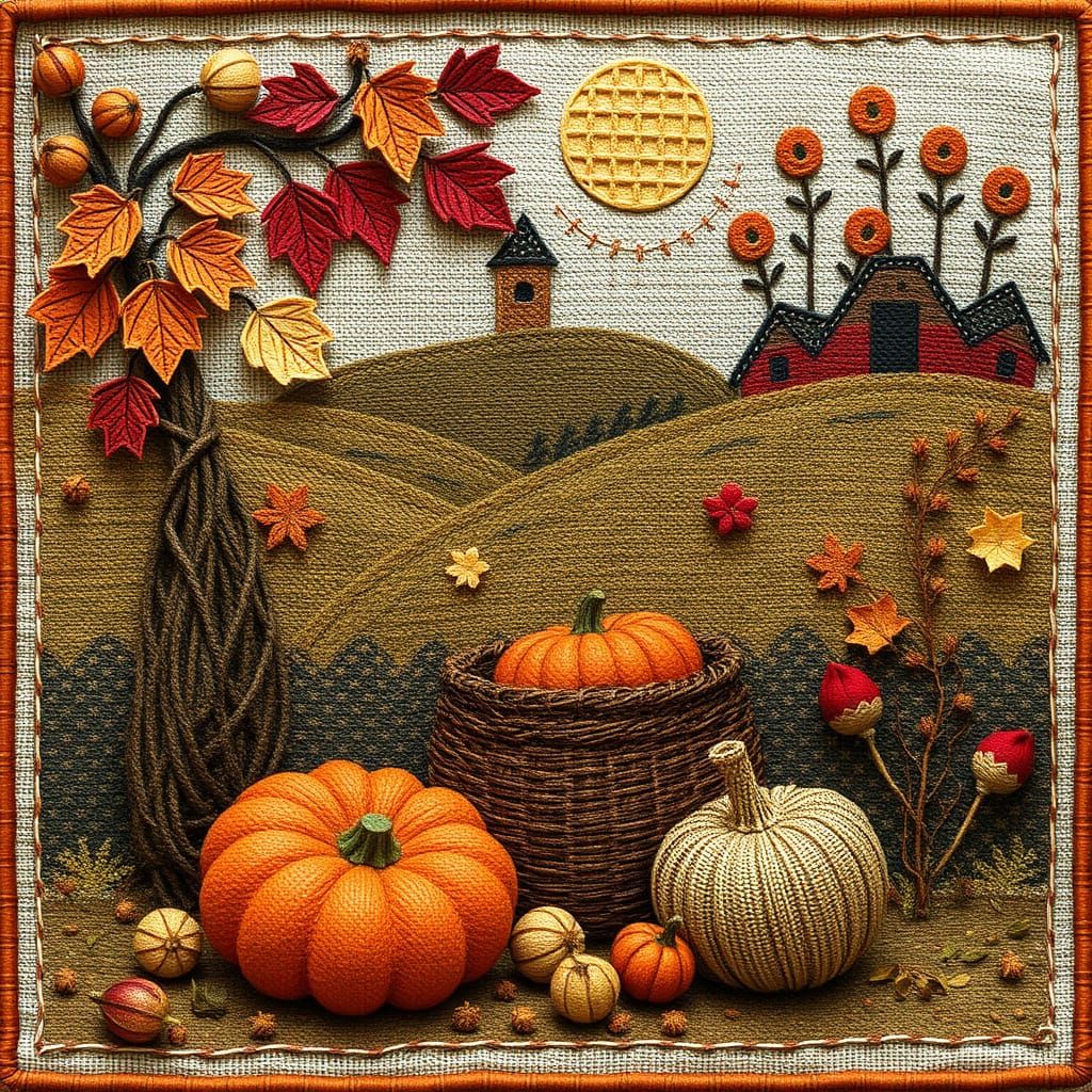 Folk Art Autumn Harvest Textile Art