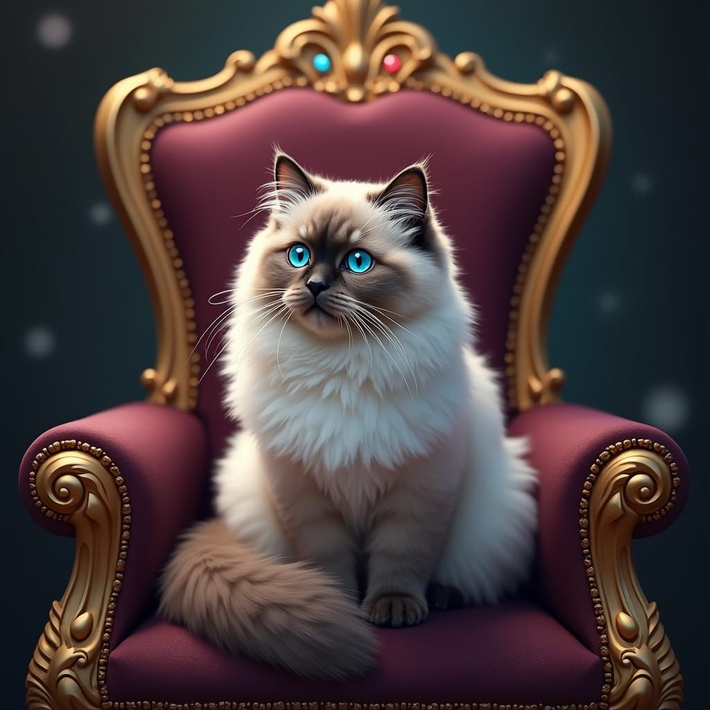 Majestic Ragdoll Cat Reigns on Velvet Throne