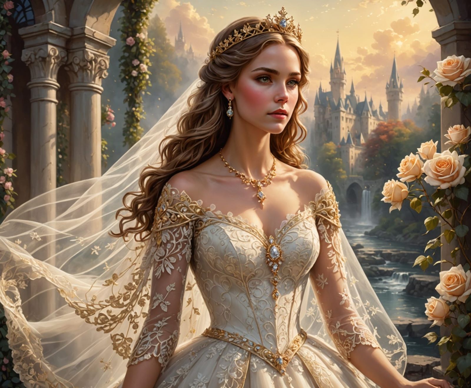 Ethereal Bride in Lace and Gold: A Hyperrealistic Painting