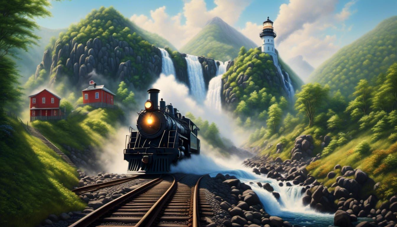 Train Journey Through Mountain Waterfall: Oil Painting