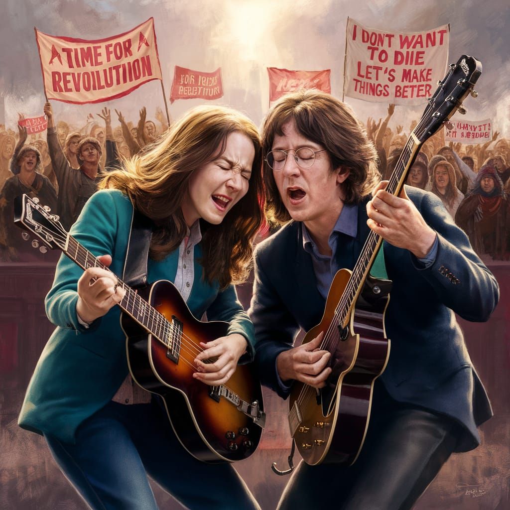 Jackie Deshannon playing guitar with john lennon. Time for a Revolution. I don't want to die, let's make things better.