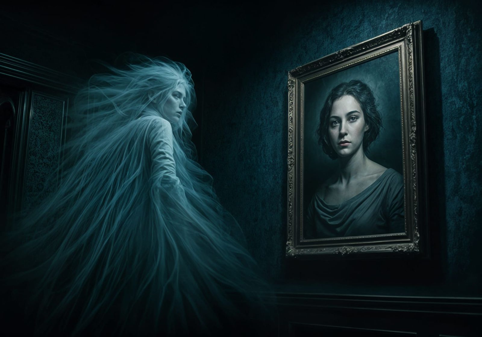 Smoky Ghost Stares at Portrait in Haunted House