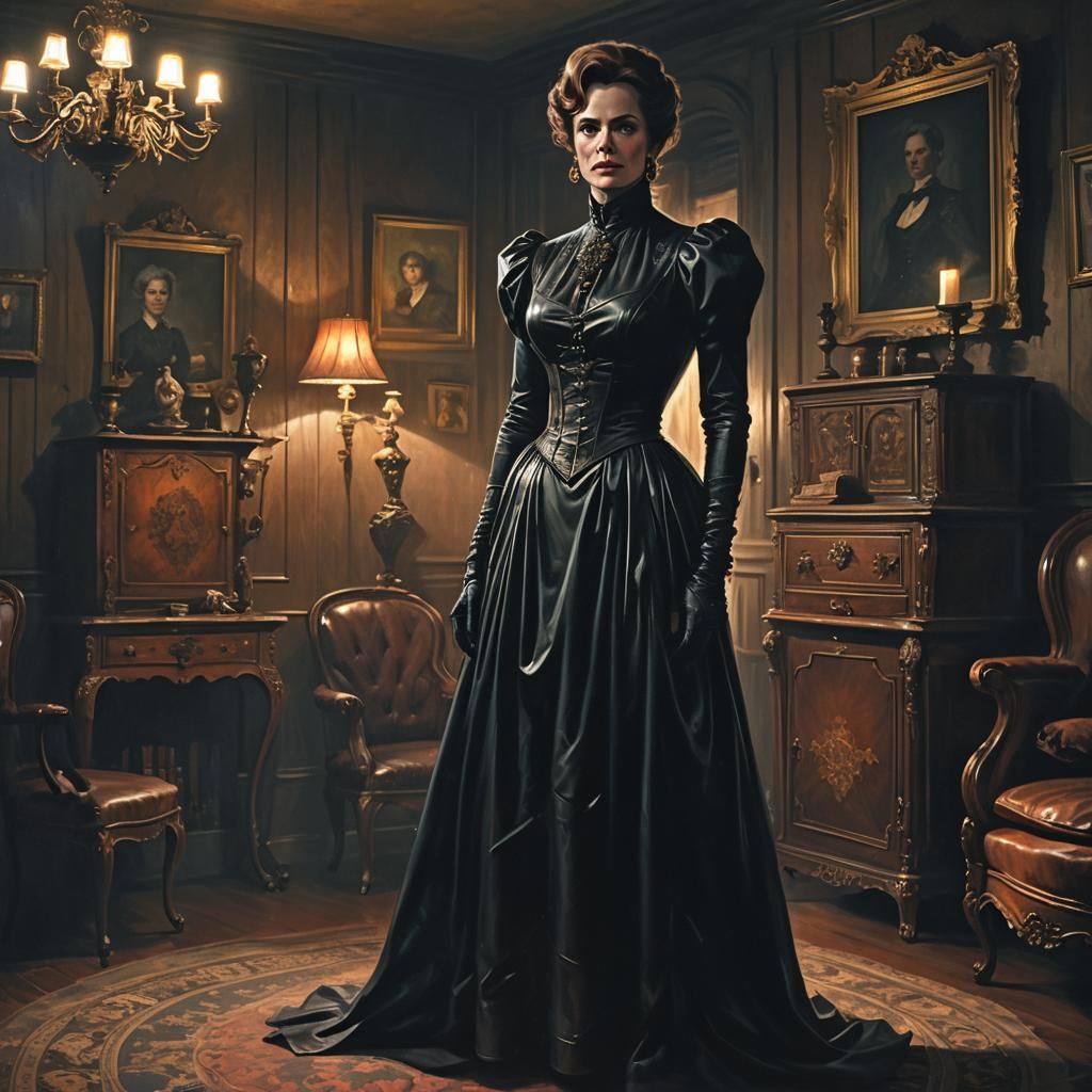 Stepmother basking in self-satisfaction, clad in a floor-len...