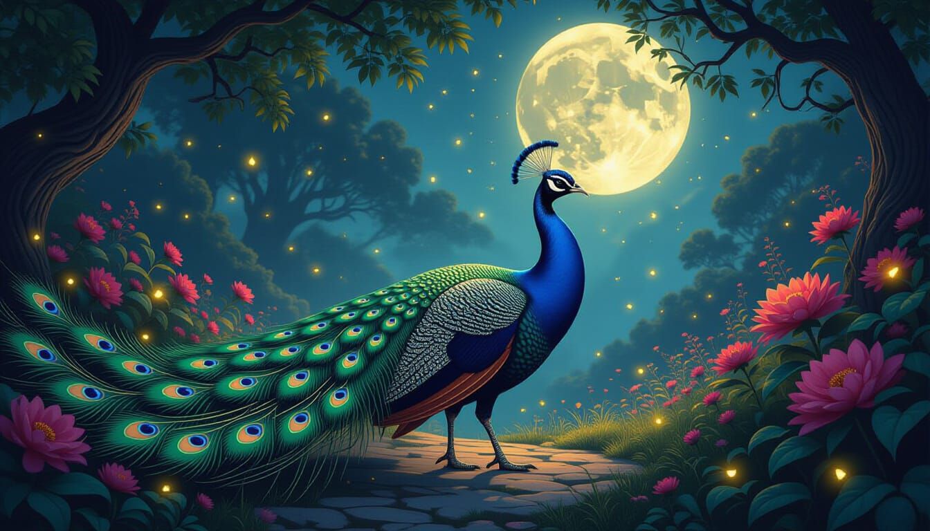 Majestic Serpent-Feathered Peacock in Moonlit Garden