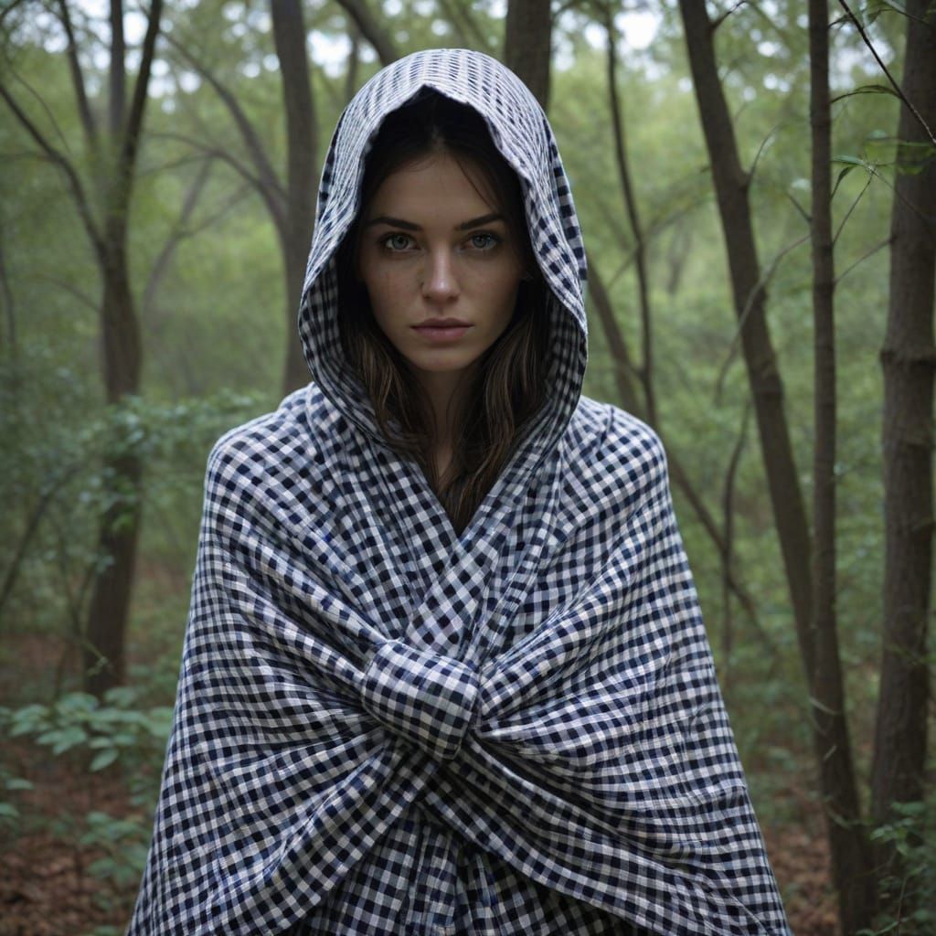 Mysterious Gingham Wrapped Figure in Moody Lighting