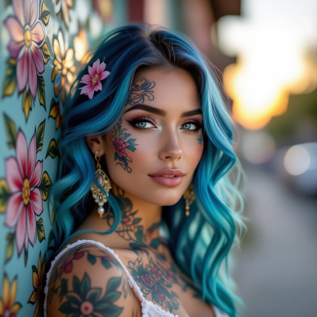 A serene woman with intricate facial tattoos and vivid blue ...