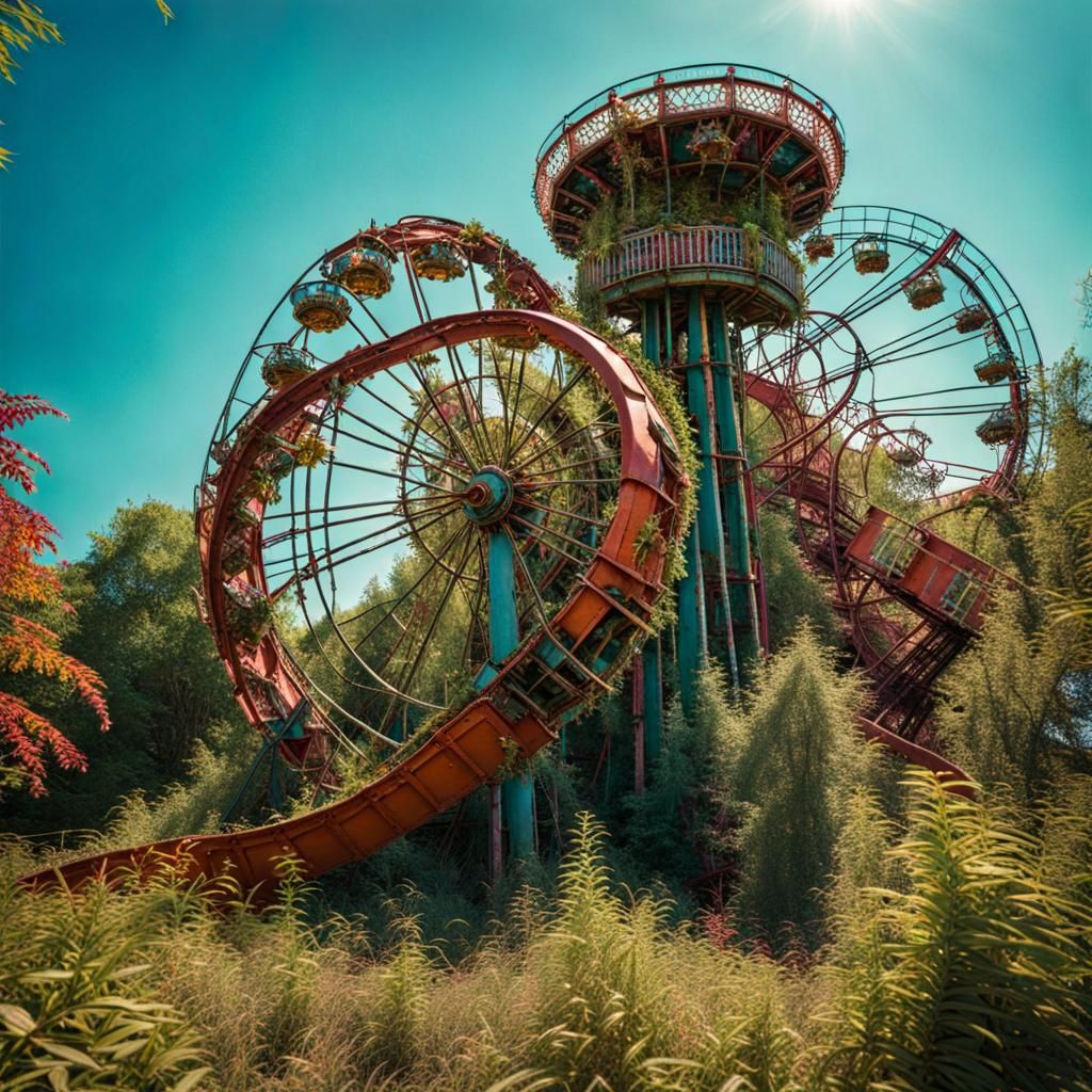 Abandoned Overgrown Amusement Park in Hyperdetailed Style